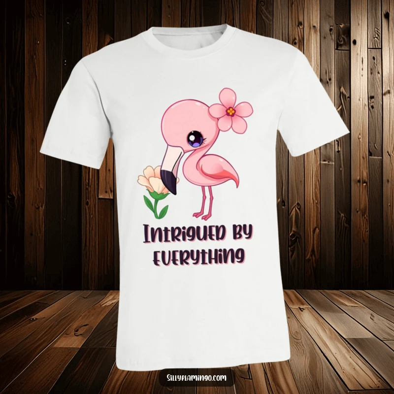 Funny T-Shirt depicting a kawaii flamingo with bright eyes, curiously tilting its head at a flower.