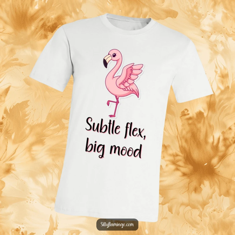 Funny Kawaii Flamingo T-Shirt showcasing a pleased bird mid-flap, conveying delightful amusement and a touch of elegance.