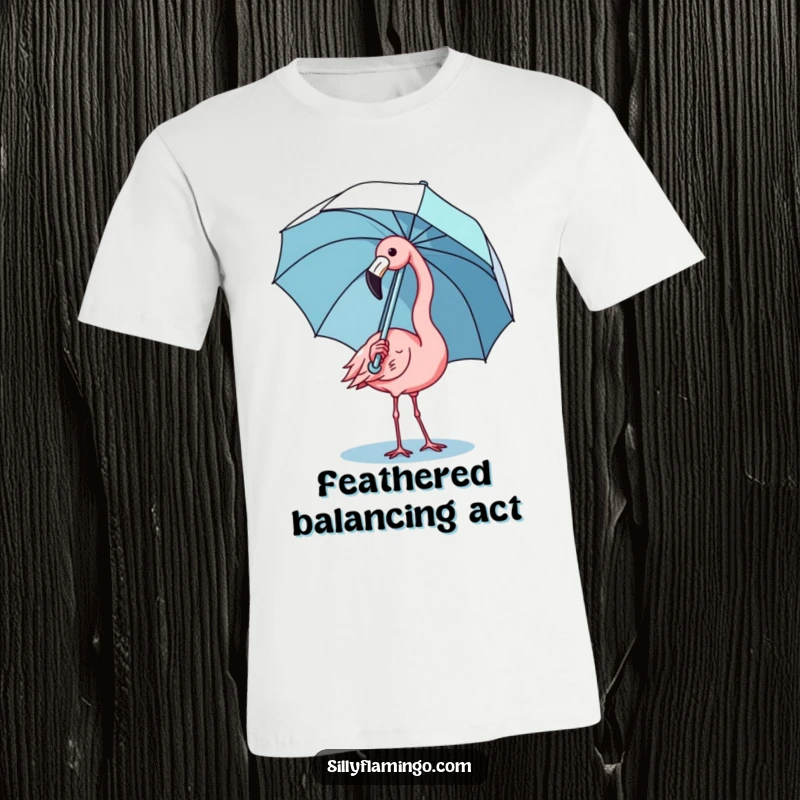 Funny kawaii flamingo t-shirt depicting a cute bird comically struggling to balance an umbrella, showcasing lightheartedness.