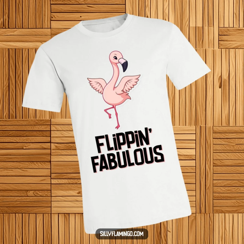 Funny T-shirt depicting a kawaii flamingo winking and flapping its wings energetically, radiating positive vibes.