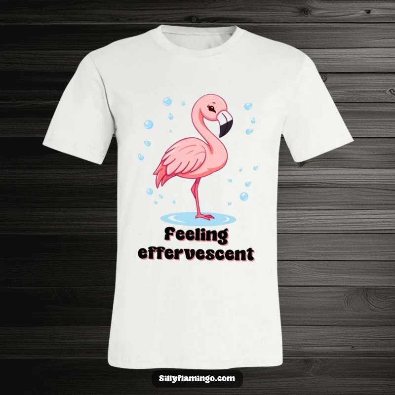 Funny flamingo with a cheerful wink, surrounded by sparkling water drops on a comfortable t-shirt.