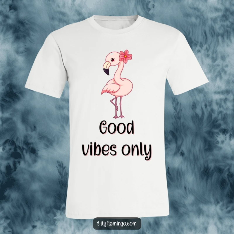 Funny flamingo t-shirt showing a happy bird with a flower behind its ear, gently bobbing its head.