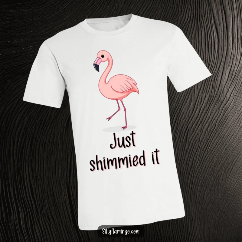Funny Flamingo T-Shirt: A flamingo is captured mid-shimmy dance, radiating pure happiness and fun. Ideal apparel for expressing joy.