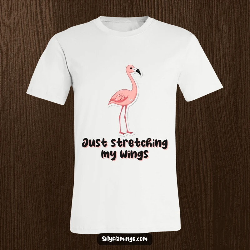 Funny flamingo t-shirt featuring a bird in a graceful, upward neck stretch, looking comically flexible and ready for action.