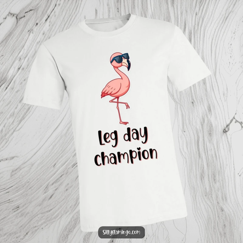 Funny flamingo t-shirt showing a vibrant bird wearing sunglasses, striking a fun dance pose on one leg.