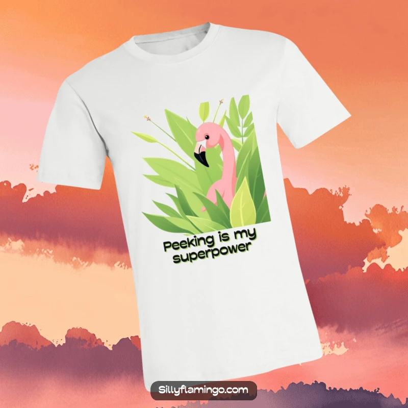 Funny t-shirt with a whimsical flamingo peeking through dense green foliage, capturing a moment of playful intrigue.
