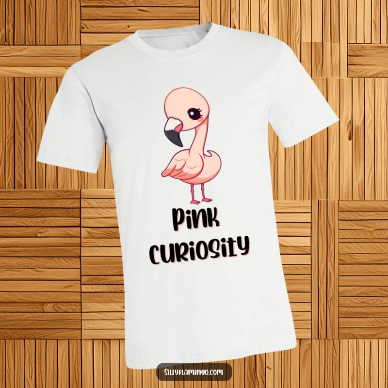 Funny T-Shirt showcasing a super cute Kawaii flamingo tilting its head and giving a curious, playful wink.