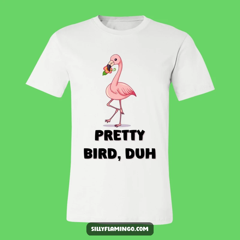 Funny Flamingo Strut T-Shirt: Stylish Pink Bird with Flower, Trendy Gift