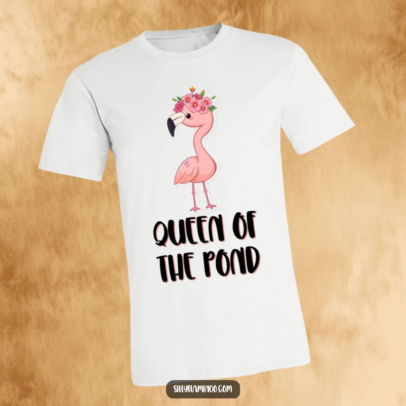 Funny flamingo t-shirt, wearing a tiny flower crown, standing with a proud and elegant stance, embodying queenly charm, ideal for gifts.
