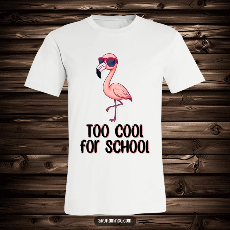 Funny pink flamingo t-shirt, wearing tiny sunglasses, striking a chic pose, radiating cool confidence, a great funny gift.
