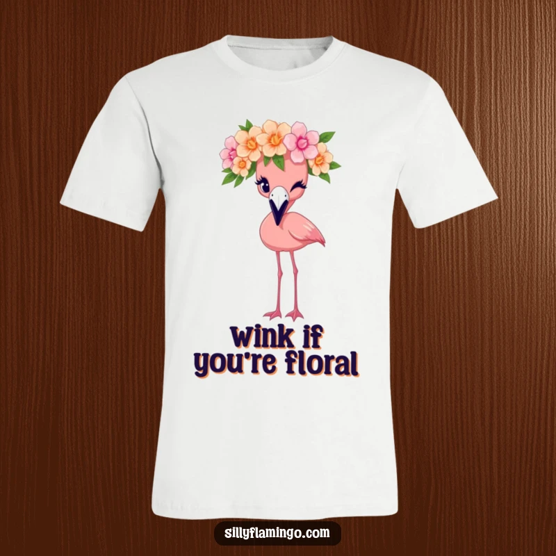 Funny flamingo t-shirt featuring a stylish bird with a flower crown, captured mid-wink, radiating charm and whimsy.