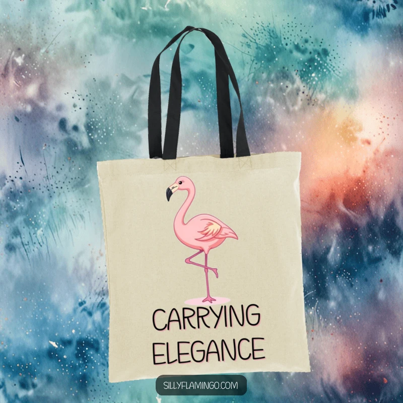 Funny kawaii flamingo performing a graceful stretch, depicted on a cute and functional tote bag