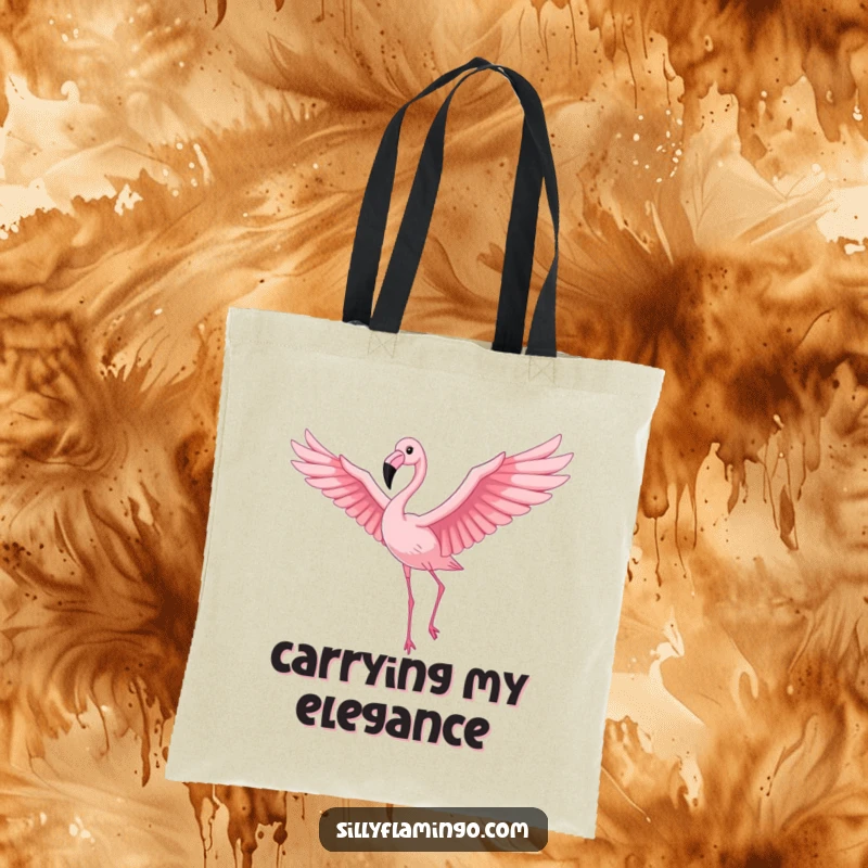 Funny Flamingo Tote Bag: A proud flamingo with outstretched wings soaring gracefully through a pink sky, showcasing a bold and humorous design.