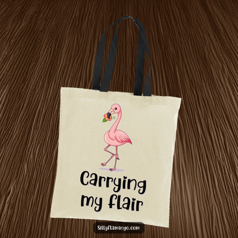 Funny flamingo tote bag depicting a pink bird strutting with a flower in its beak, perfect for carrying items with a humorous and stylish touch.