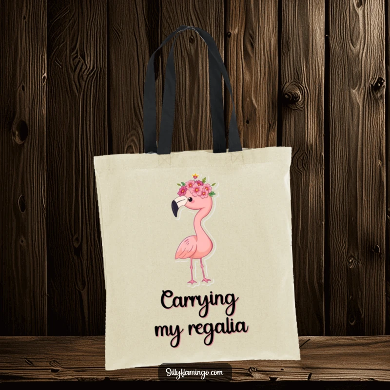 Funny flamingo tote bag, wearing a tiny flower crown, standing proudly, a stylish and whimsical accessory for carrying items with elegance, a great gift.