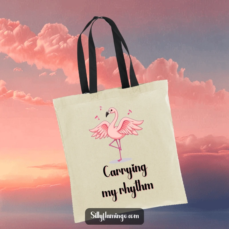 Funny flamingo tote bag depicting a pink bird dancing gracefully with flowing feathers, a humorous and stylish accessory.