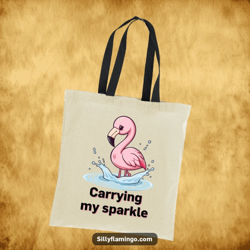 Funny Tote Bag showing a kawaii flamingo playfully splashing water with its beak, sending droplets flying.