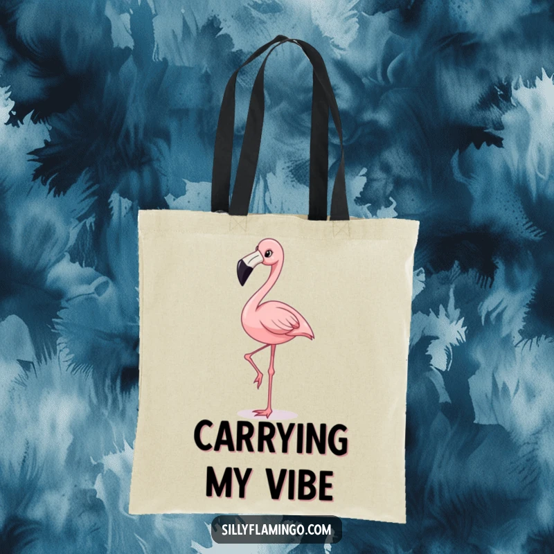 Funny tote bag featuring a happy flamingo with a wide grin, elegantly balancing on one leg, perfect for beach or market trips.