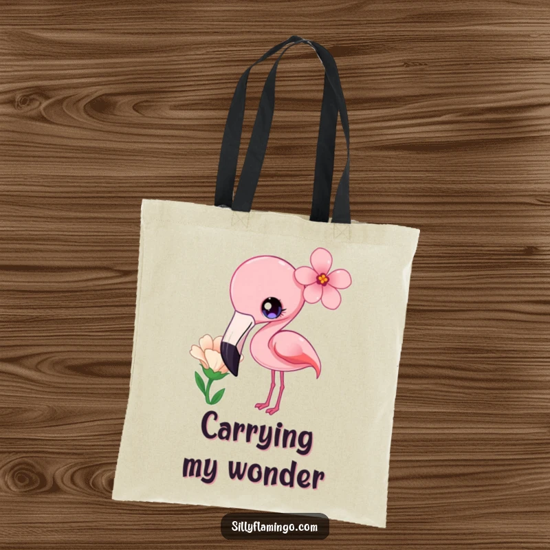 Funny Tote Bag showing a kawaii flamingo with bright eyes, curiously tilting its head at a flower.