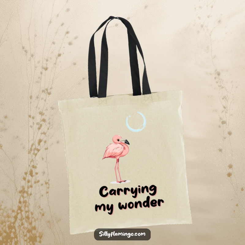 Funny tote bag featuring a curious flamingo with a tilted head, observing a shimmering, floating bubble, perfect for carrying treasures.