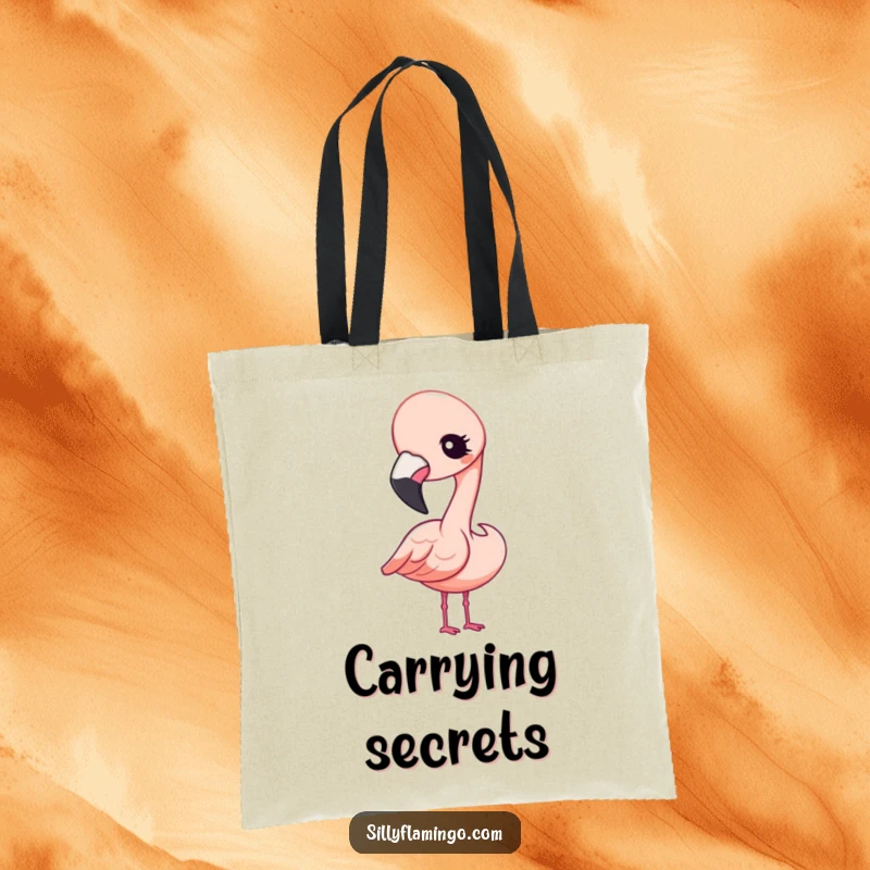 Funny Tote Bag featuring a charming Kawaii flamingo tilting its head and winking with an engaging and curious expression.