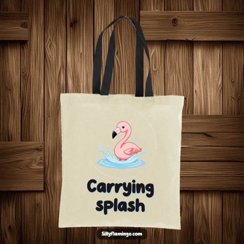 Funny Flamingo Splash Tote Bag depicting a flamingo joyfully splashing in sparkling water, ideal for beach trips and shopping.