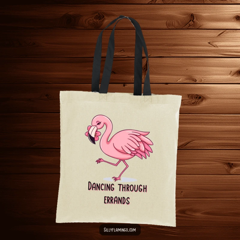 Funny Tote Bag featuring a flamingo wearing a flower behind its ear, dancing with a joyful shimmy for a festive look.