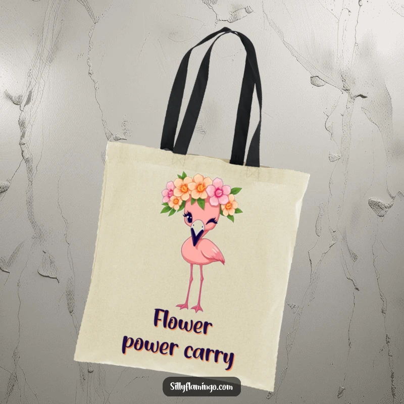 Funny flamingo tote bag featuring a bird in a flower crown giving a cheeky wink, perfect for everyday use.