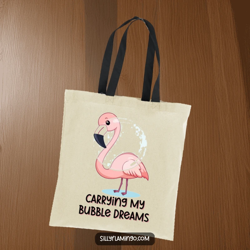 Funny Flamingo Tote Bag: A flamingo puffs its cheeks, humorously attempting to blow a large bubble.