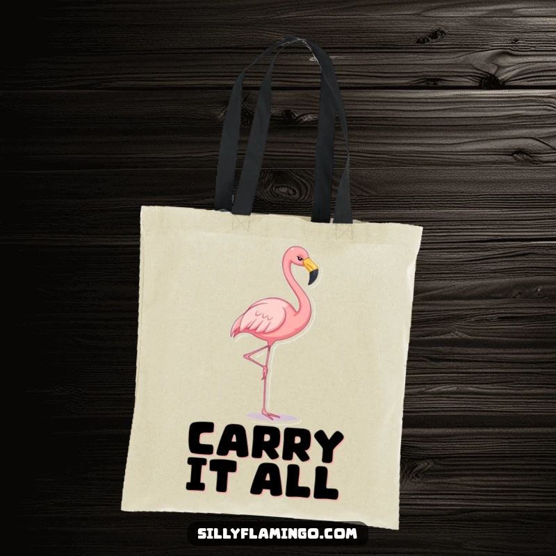 Funny flamingo tote bag with a cheerful flamingo balancing on one leg, perfect for stylish everyday use.
