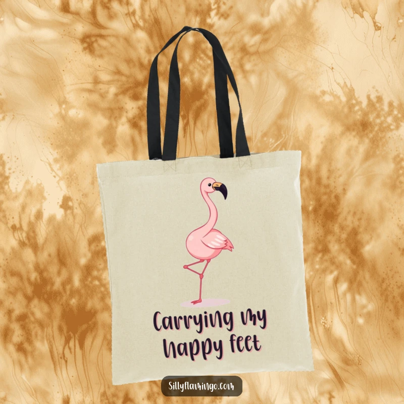 Funny flamingo tote bag with a joyful squawking flamingo kicking its legs in a comical, spirited dance.