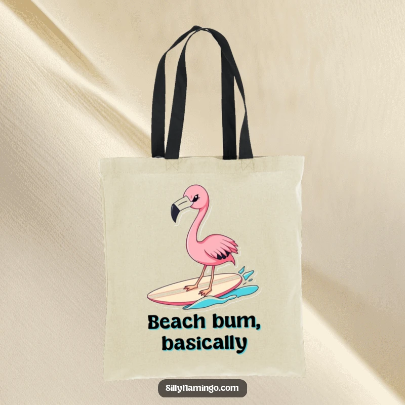 Funny flamingo tote bag with a winking pink bird riding a surfboard, designed for carrying essentials with a humorous and stylish flair.