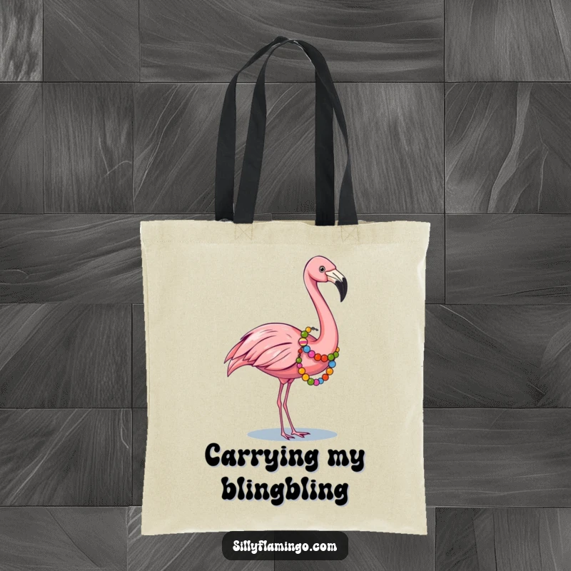 Funny tote bag showcasing a flamingo wearing a colorful garland of beads, perfect for stylish and humorous shopping trips.