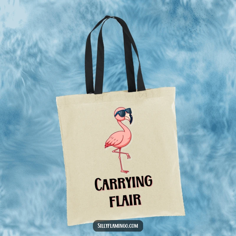 Funny flamingo tote bag showing a cool bird in sunglasses dancing, a stylish and humorous accessory.