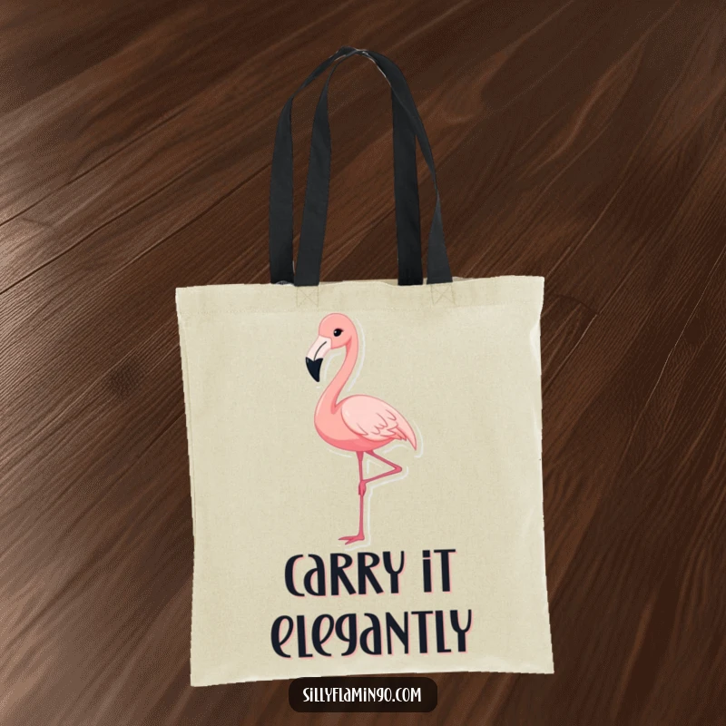Funny tote bag with a cute flamingo gracefully extending its leg, symbolizing elegance and uniqueness, a practical and charming accessory.