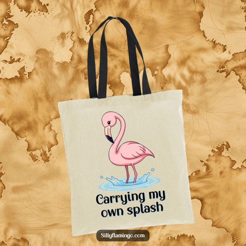Funny pink flamingo tote bag, playfully bending its neck to splash water, embodying cheerful water play, an ideal funny gift.