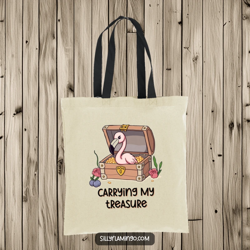 Funny Flamingo Treasure Tote Bag showing a flamingo curiously peering into a treasure chest, ideal for carrying discoveries.