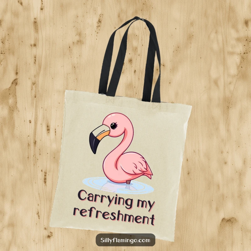 Funny flamingo tote bag illustrating a happy flamingo with a wide beak dipping its head into water.