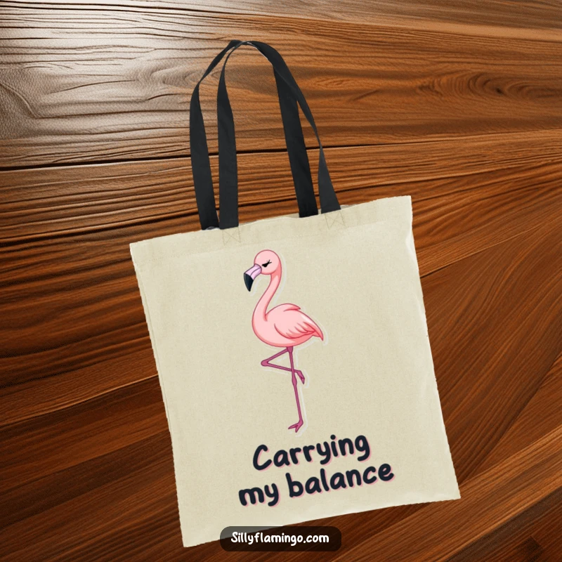 Funny Flamingo Wink Tote Bag showing a flamingo perched elegantly on one leg, delivering a charming wink, perfect for shopping.