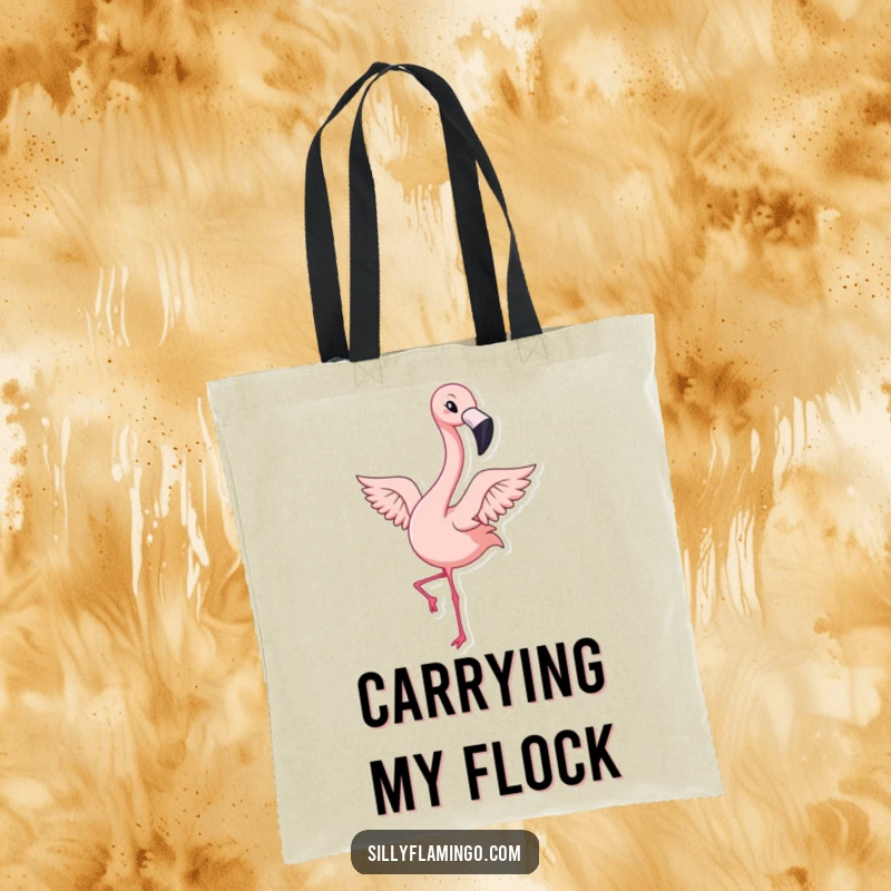 Funny tote bag showing a kawaii flamingo winking and flapping its wings energetically, ideal for carrying essentials with flair.
