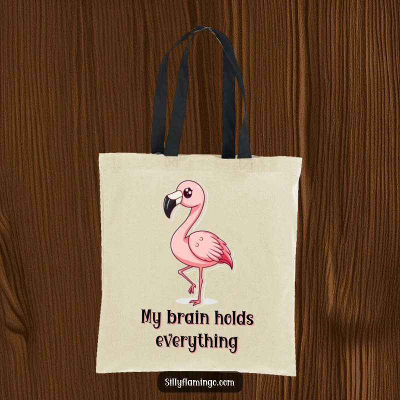 Funny Surprised Flamingo Tote Bag: A flamingo with a shocked expression rapidly bobbing its head, perfect for carrying items with a humorous, surprised vibe.