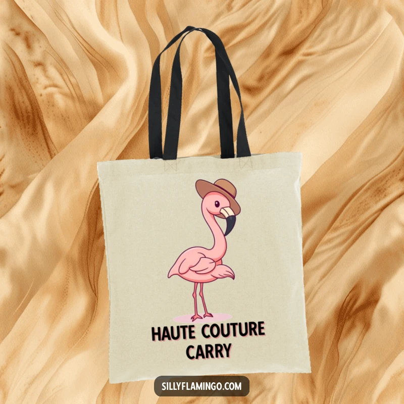 Funny flamingo tote bag showing a bird wearing a tiny hat, a charming and humorous accessory.