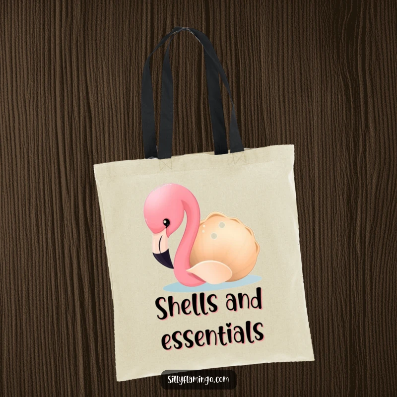 Funny Flamingo Tote Bag: A curious flamingo delicately pecks at a sparkling seashell, perfect for beach trips or daily use. A humorous accessory.
