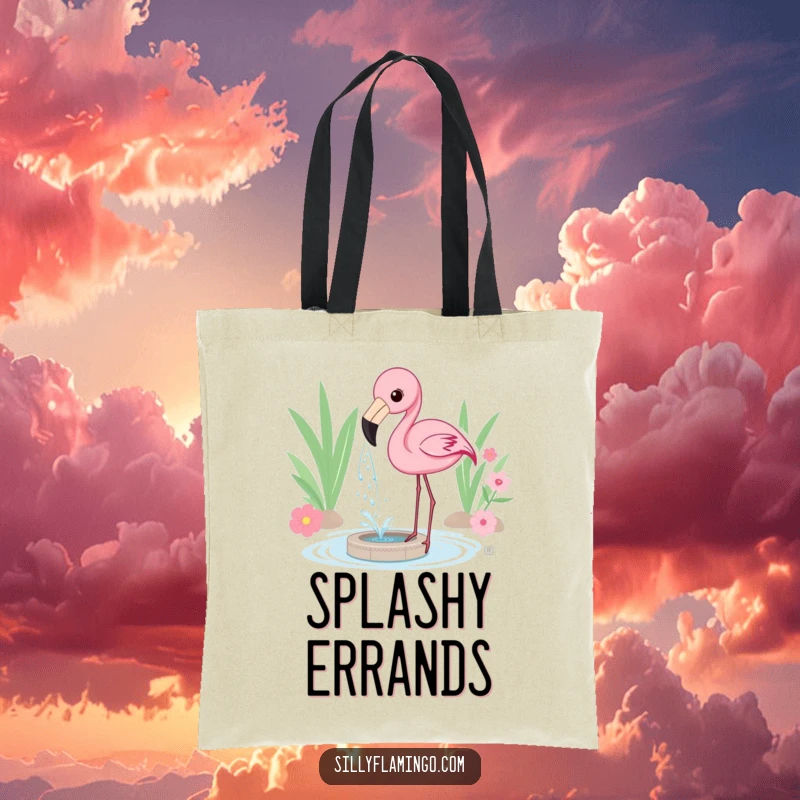 Funny Tote Bag featuring a flamingo playfully spraying water from its beak, creating a mini-fountain effect for a fun look.